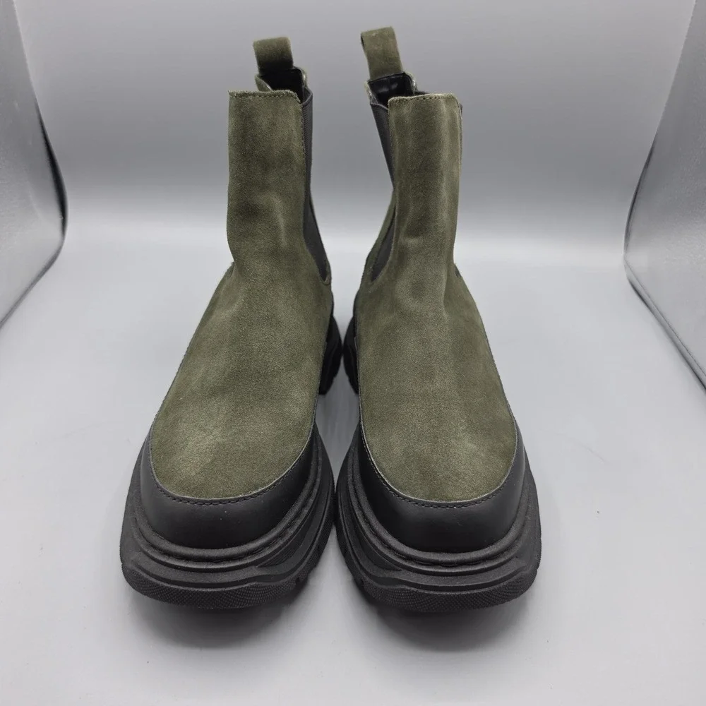 Maeve Anthropologie Chelsea Boots Womens 38 Green Suede Chunky Lug Sole Platform